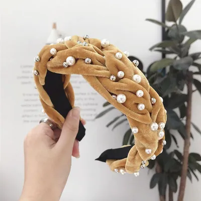 Golden velvet fabric beaded hair band