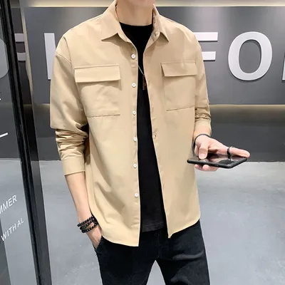 Solid Color Fashion Men's Long-sleeved Loose Two-pocket Shirt