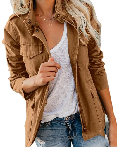 Fashion Ladies Solid Color Lapel Zipper Short Jacket Casual Pocket Button Decoration Top