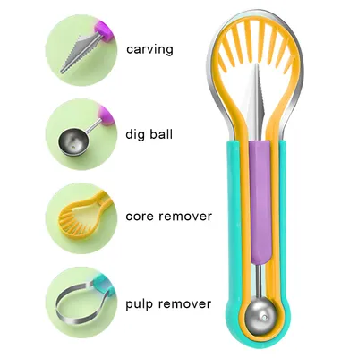 3-in-1 Fruit Digger Fruit Carving Knife Set Cutter Fruit Platter Separator Kitchen Gadgets Watermelon Ice Cream Baller Scoop