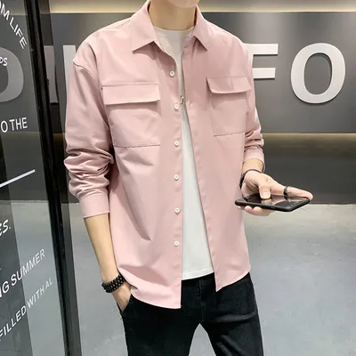 Solid Color Fashion Men's Long-sleeved Loose Two-pocket Shirt