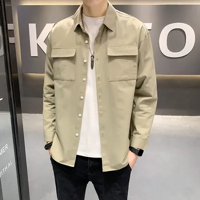 Solid Color Fashion Men's Long-sleeved Loose Two-pocket Shirt