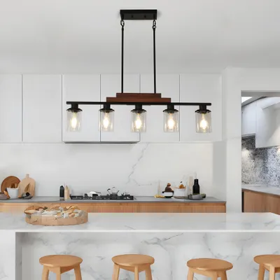 37  Farmhouse Industrial 5-Light Kitchen Island Pendant Light, Metal Wood Chandelier With Clear Glass Shades, Adjustable Height Hanging Fixture For Dining Room, Living Room, Kitchen  No Bulbs