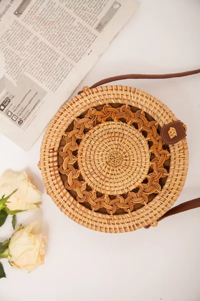 Natural PU small round straw bag