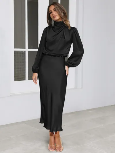 Elegant Temperament Long-sleeved Dress Satin Halterneck Formal Evening Dresses Women Clothing