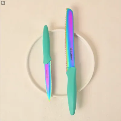 14-Piece Rainbow Colored High Carbon Stainless Steel Kitchen Knife Set, Titanium Coated Blade, Rust-Free & Super Sharp, Flatware Set With Wooden Stand & Kitchen Scissors, For Family & Restaurateurs
