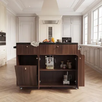 Kitchen Island With Storage Rolling Kitchen Island Cart With Drop Leaf Extension, Black Marble Top, Drawers, Spice Rack, Towel Bar, Mobile Kitchen Cart For Kitchen & Dining Room