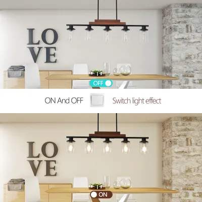 37  Farmhouse Industrial 5-Light Kitchen Island Pendant Light, Metal Wood Chandelier With Clear Glass Shades, Adjustable Height Hanging Fixture For Dining Room, Living Room, Kitchen  No Bulbs