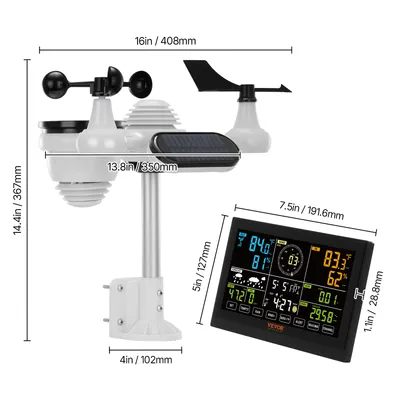 VEVOR 7-in-1 Wireless Weather Station, 7.5 In Large Color Display, Digital Home Weather Station Indoor Outdoor, For Temperature Humidity Wind Speed,Direction Rain UV, With Forecast Data, Alarm, Alerts