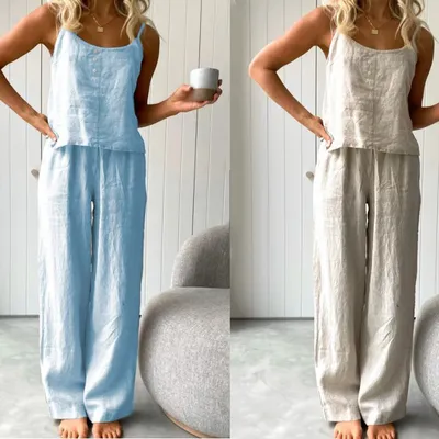 Women's New Solid Color Fashion Elastic Pants Sling Home Set