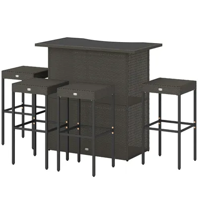 5 Piece Rattan Wicker Bar Set, High Top Outdoor Table And Chairs, Bar Height Patio Set, 2 Shelves & 4 Bar Stools, Brown