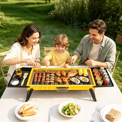 1Pc Portable Folding Charcoal Grill Stainless Steel Camping BBQ Grill With Side Panels Compact Tabletop Barbecue Grill With Carry Handle For Picnic Beach Travel