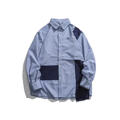 Stitching Lapel Long-sleeved Striped Shirt Trend
