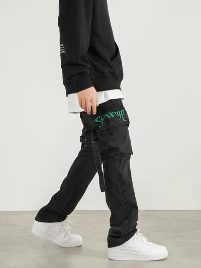 Men's Fashion And Comfort Embroidered Lace-up Micro Flared Jeans
