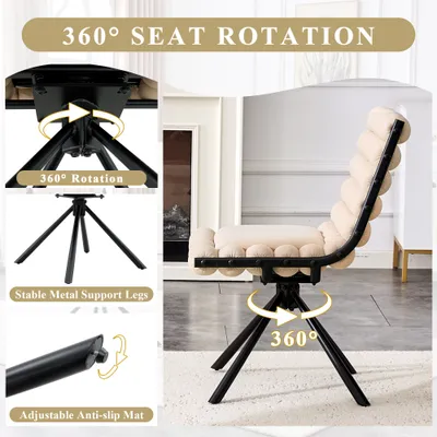 Set Of 2 Beige Puffy Bubble Chair Ball Chain Chair Velvet Dining Chairs With Black Legs, Modern Tufted Accent Chairs For Dining Room & Kitchen