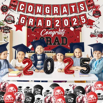 Graduation Decorations Class Of 2025 Set, Red Theme Graduation Party Supplies Of 50 Congrats Grad Banner Class Of Backdrop Balloons Hanging Swirls For High School College Celebrations