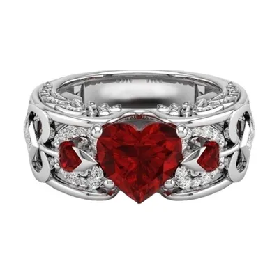 Ring Jewelry Opening Black Gold Garnet Heart Zircon