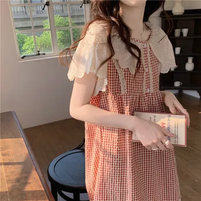 Lace Sweet Lace Princess Plaid Outerwear Nightdress For Women