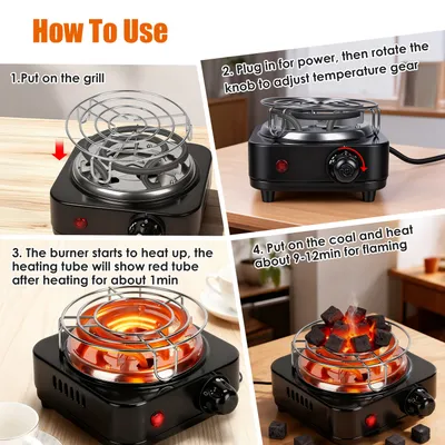 1Pc Electric Charcoal Burner 500W Hookah Charcoal Burner Compact Coal Burner For Hooka Cubes Shisha With Grill And Tongs 5 Temperature Gears Thermostat Control For Spring Summer