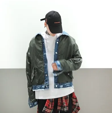 Two sides wearing OVERSIZE denim destruction wash old workmanship MA1 air force jacket Wu Yifan couple with the same paragraph