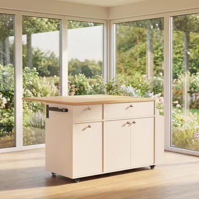 Kitchen Island With Storage Rolling Kitchen Island Cart With Drop Leaf Extension, Natural Wood Top, Drawers, Spice Rack, Towel Bar, Mobile Kitchen Cart For Kitchen & Dining Room, White