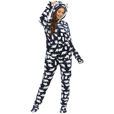 Ladies Flannel Camouflage Animal Print One-piece With Foot Cover