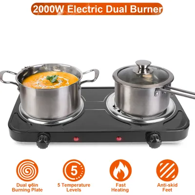 2 Color Options -- 1Pc 2000W Electric Double Burner For Spring Season Cooking Portable Coil Heating Hot Plate Stove Countertop RV Hotplate With Non Slip Rubber Feet 5 Temperature Adjustments