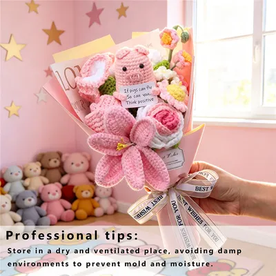 Handmade Crochet Flower Bouquet Featuring Cute Pig Doll Alongside Roses And Lilies, Soft Yarn Everlasting Knitted Bouquet, Indoor Home Decor Ornament