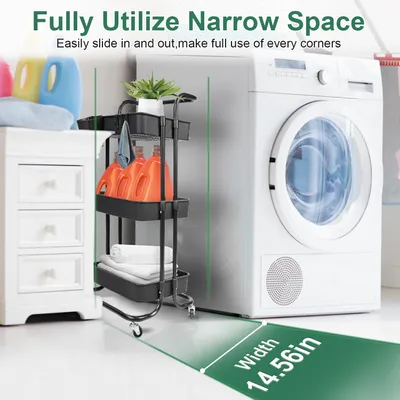 Black-White Color Options 1Pc 3 Tier Rolling Utility Cart Movable Storage Organizer With Mesh Baskets Lockable Wheels 360 Degree Rotatable Hanging Box Hooks Bedroom Bathroom Kitchen