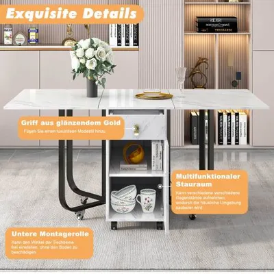 Folding Dining Table 1 Piece With Cupboard And 2 Drawers, Folding Kitchen Utility Table, Space-saving Dining Table With 4 Supporting Legs On Gliders White  Black