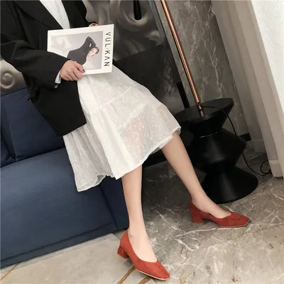 Square Toe Chunky Heel Suede Single Shoes Versatile Mid-heel Shoes