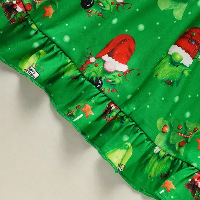 Toddler Kids Baby Girl Christmas Dress Outifts, Long Sleeves Cartoon Prints Party Dress With Heart Print Vest Coat Xmas Clothes Set