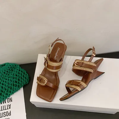 Women's French Retro Open Toe Sandals, Niche Designer Straw Woven Genuine Leather Comfy Outdoor Summer Shoes For Vacation