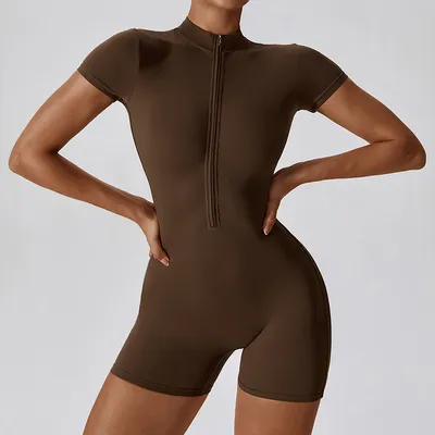 Zipper Short Sleeve Yoga Jumpsuit Women