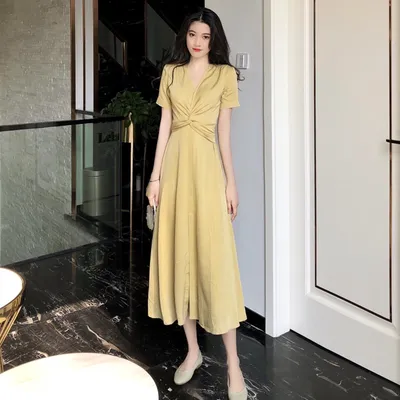 Light Yellow Long Skirt French Bellflower Waist Dress