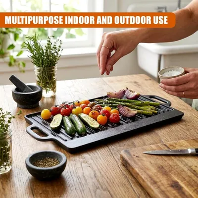 Griddle Plate Cast Iron Reversible BBQ Skillet Fry Pan Grill Double Sided