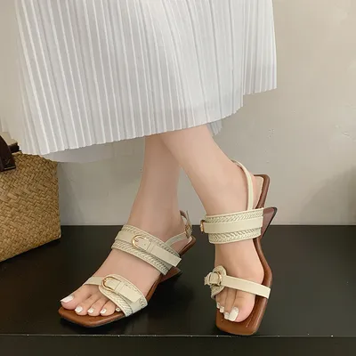 Women's French Retro Open Toe Sandals, Niche Designer Straw Woven Genuine Leather Comfy Outdoor Summer Shoes For Vacation