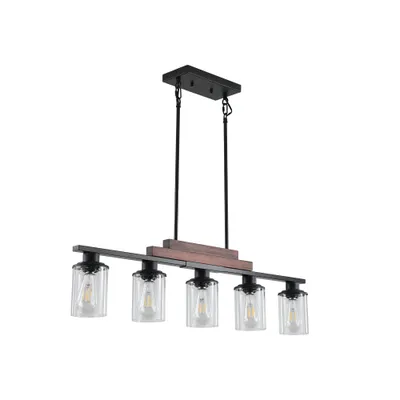 37  Farmhouse Industrial 5-Light Kitchen Island Pendant Light, Metal Wood Chandelier With Clear Glass Shades, Adjustable Height Hanging Fixture For Dining Room, Living Room, Kitchen  No Bulbs