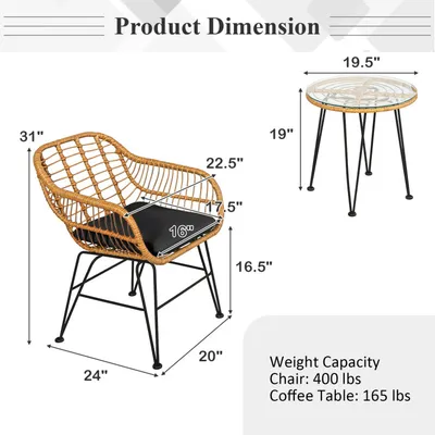 3 Pieces Rattan Furniture Set With Cushioned Chair Table