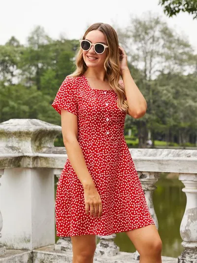 Square Collar Small Floral Dress Women