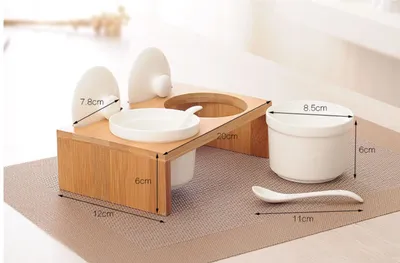 Kitchen supplies creative white bamboo ceramic seasoning cans three set with wooden gift wholesale manufacturers