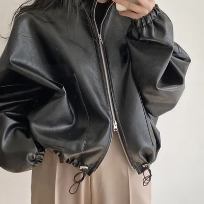 Small Stand Collar Zipper Large Pocket Drawstring Lace Leather Coat Women