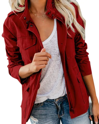 Fashion Ladies Solid Color Lapel Zipper Short Jacket Casual Pocket Button Decoration Top