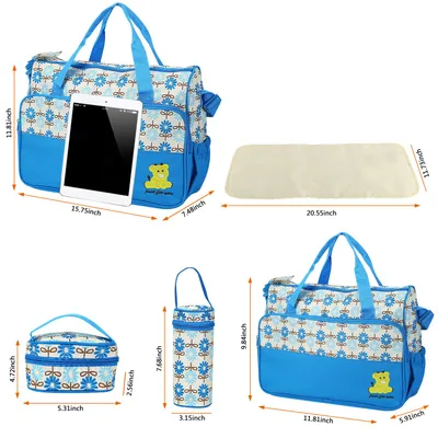 5PCS Per Set Baby Nappy Diaper Bags For Spring Travel Set Mummy Diaper Shoulder Bags WithNappy Changing Pad Insulated Pockets Travel Tote Bags For Mom Dad