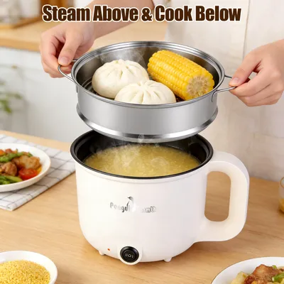 1Pc Electric Hot Pot With Steamer 1.8L Mini Portable Hot Pot With 300W 600W Dual Power For Egg Fried Rice Ramen Oatmeal Soup Overheat Protection For College Dorm Room Essential