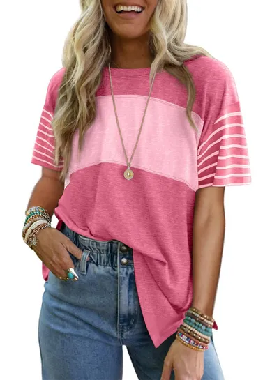 Women's New Style Crew Neck Pullover Casual Striped Color-Block Short-Sleeved T-Shirt
