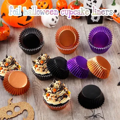 300 Pcs Halloween Foil Cupcake Liners Black Purple Orange Foil Metallic Cupcake Wrappers Muffin Liners For Halloween Party Supplies Table Decor