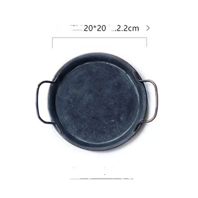 Hui Mart Distressed Photo Props Round Iron With Handle Storage Tray Bread Plate Tray Home Decoration