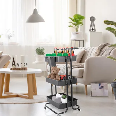 Black-White Color Options 1Pc 3 Tier Rolling Utility Cart Movable Storage Organizer With Mesh Baskets Lockable Wheels 360 Degree Rotatable Hanging Box Hooks Bedroom Bathroom Kitchen