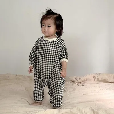 Baby Plaid Contrast Color Romper Long-sleeved Thickened Jumpsuit